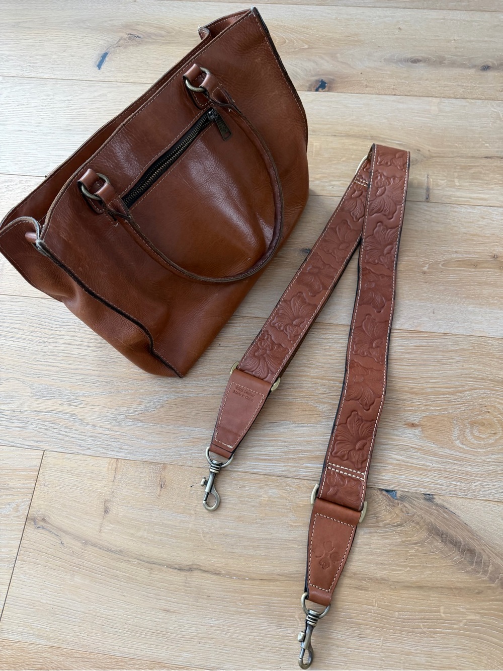 Patricia Nash Cognac Brown Leather Tote with Embossed Detachable Strap